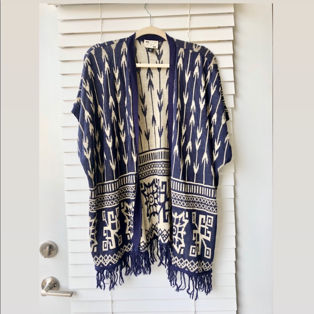 Blue Aztec Print Open Front Knit Kimono Size S